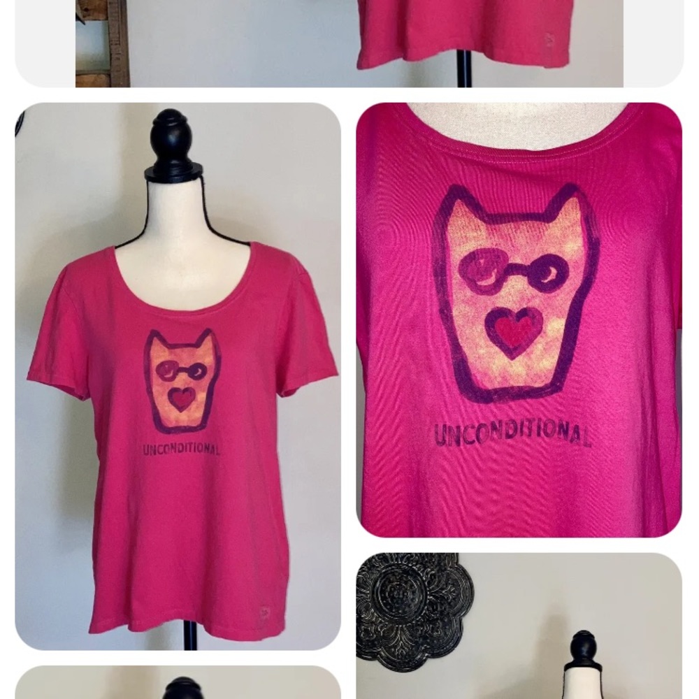 SALE-Life is Good Pink Crusher Tee Dog Love Short Sleeve T-Shirt,Large L